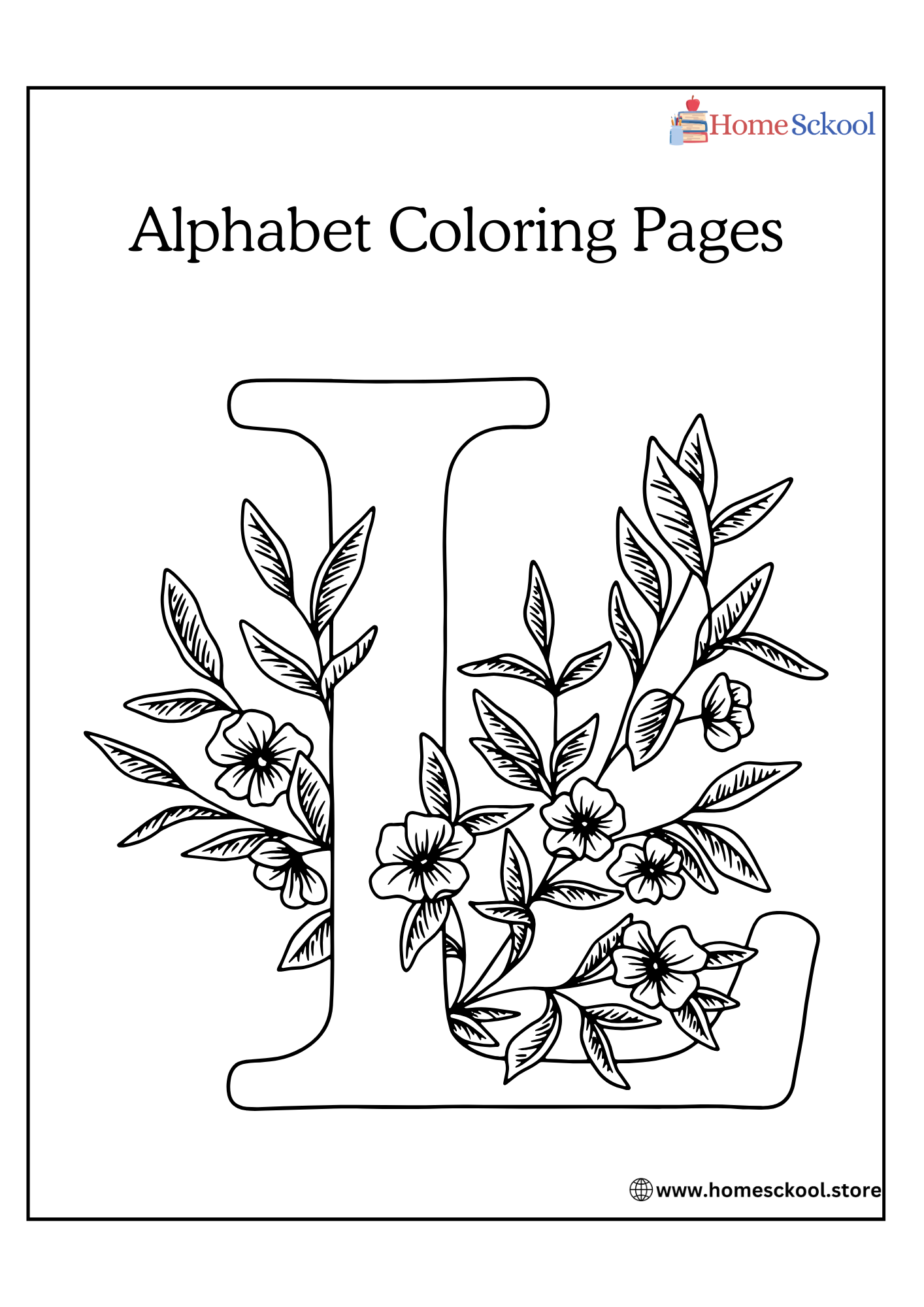 Floral Alphabet Coloring Pages Worksheet in Black and White Illustrative Style High Quality PDF Unlimited Downloads - Image 5