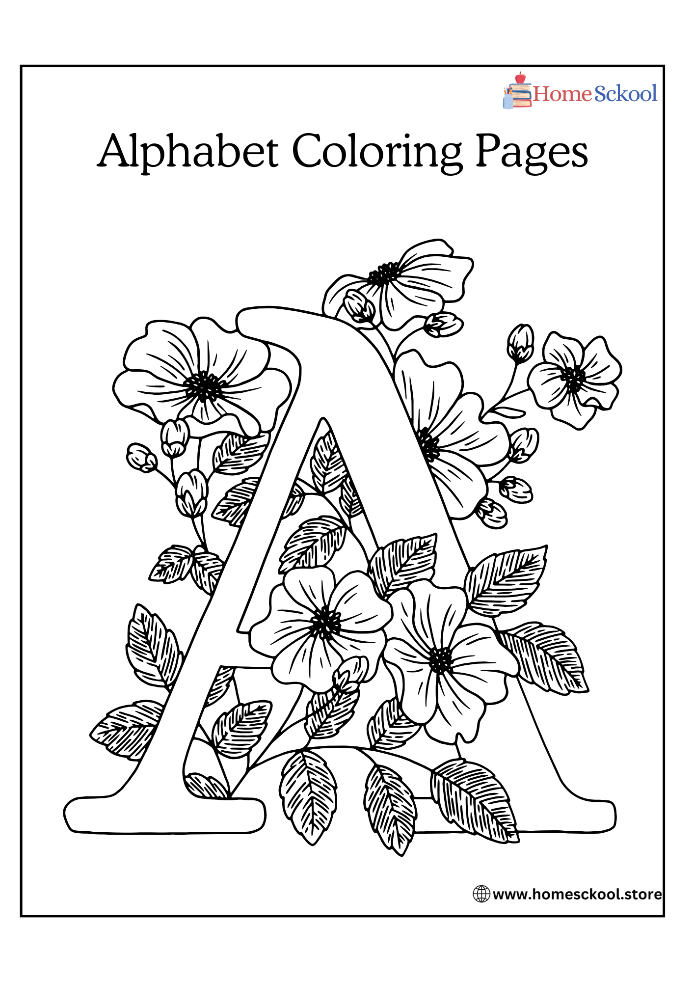 Floral Alphabet Coloring Pages Worksheet in Black and White Illustrative Style High Quality PDF Unlimited Downloads - Image 3