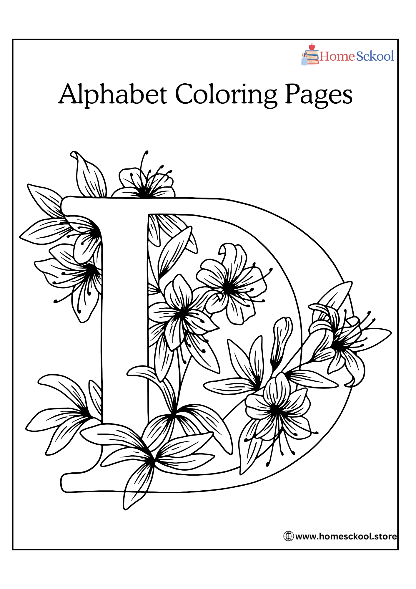 Floral Alphabet Coloring Pages Worksheet in Black and White Illustrative Style High Quality PDF Unlimited Downloads - Image 4
